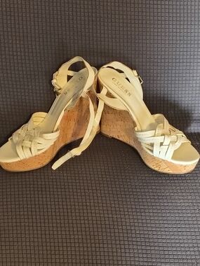 GUESS Cream Woven Cork-Platform Wedge Sandals